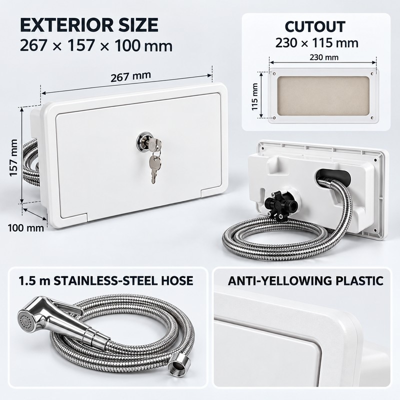 Lockable RV Exterior Shower Box Kit with 1.5m Hose, Hot