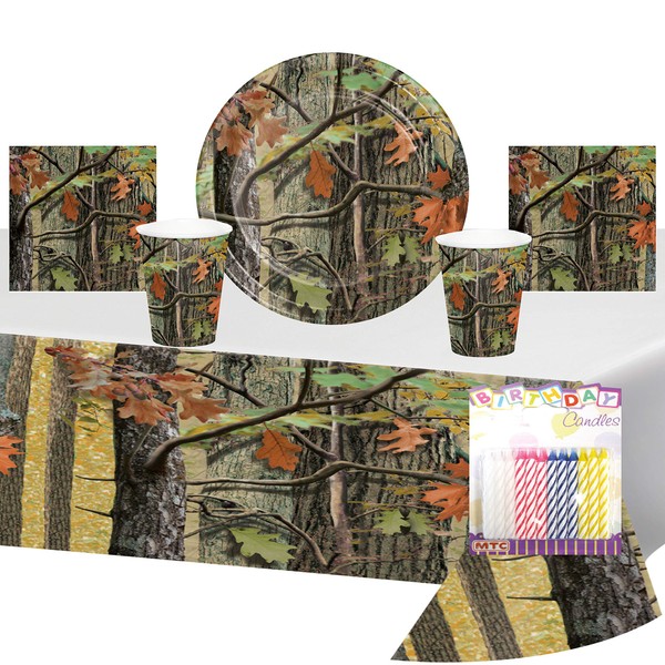 Hunting Camo Party Supplies Pack Serves 16: Dessert Plates Beverage Napkins Cups and Table Cover with Birthday Candles (Bundle for 16)