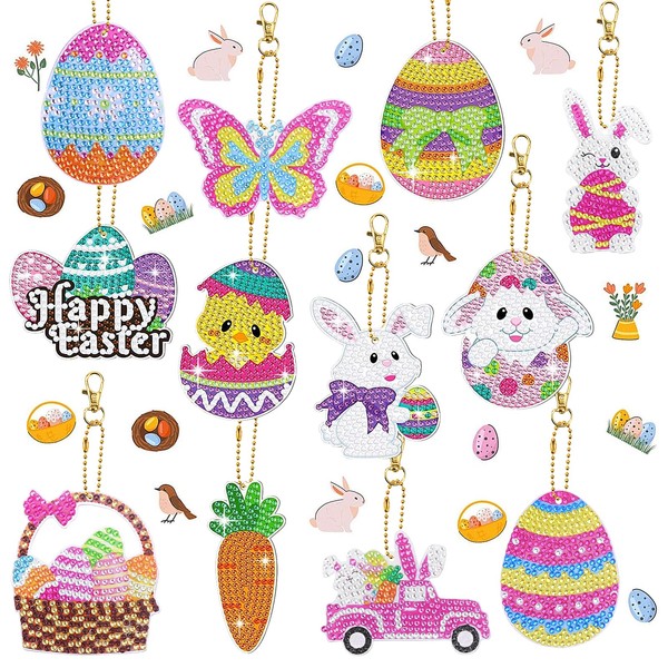 Homgaty Diamond Painting Easter Pendants, Pack of 16 5D Diamond Painting Key Chains Children, Double-Sided DIY Rabbit Easter Eggs Diamond Painting Kit for Easter Decoration and Gift