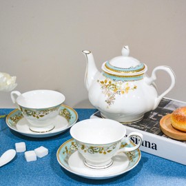 LE POTOCIO Bone China Tea Set, 21-Pieces Porcelain Tea Set for Adults, Tea Cups And Saucers for 6, with Teapot, Spoons, Sugar Bowl, Creamer Pitcher, Vintage Tea Set for Women Tea Party (Green)