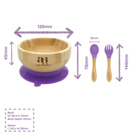 Amonev Bamboo Baby Bowls with Suction Spoon and Fork Set. Bowls Secure in Place Making Mealtime a Joy Natural Bamboo BPA Free Bowl is Also Easy to Clean (Purple)