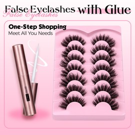 JIMIRE Faux Mink Lashes Volume False Eyelashes with Lash Glue Kit 18MM Dramatic Fluffy Cat Eye Lashes Russian Strip Lashes D Curl Mink Lashes Fluffy 7 Pairs Pack