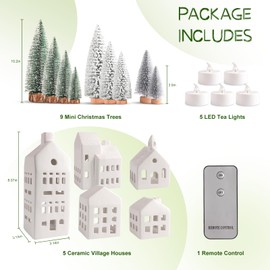 Zesua Christmas Decorations Indoor - Christmas Village Sets of 5 Ceramic Houses with LED Lights Remote and 9 Trees - Winter Rustic Farmhouse Home Holiday Xmas Decor for Mantel Tabletop Room