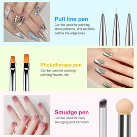 Nail Brush Set, 5 Pieces Nail Brush, Double Head Sponge Brush, Dual-Ended Professional Acrylic Nail Art Brush, Nail Art Liner Brush for DIY Nail Art Design (with 2 Sponge Brush Head)