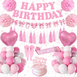 Pink Birthday Decoration for Women Girls, Bow Party Decorations Set Happy Birthday Banner, Bow Pink White Balloons, Heart Foil Balloons, Hair Clips, Pompoms Sash, Girl Princess Coquette Party Deco
