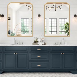 Ferytange 30X40 Inch Gold Bathroom Mirror for Vanity, Modern Rounded Corner Large Wall Mirror for Over Sink with Non-Rusting Iron Metal Framed (Tempered Glass)