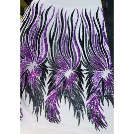 NEW CREATIONS FABRIC AND FOAM INC PURPLE -WHITE-BLACK ANGEL WINGS SEQUIN DESIGN  ON A 4 WAY STRETCH MESH-BY YARD.