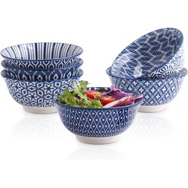 Selamica 7 inches Porcelain Cereal Bowl Set - Set of 6, Soup Bowls, Ceramic bowls for Cereal, Soup, Salad and Pasta, Vintage Blue
