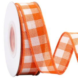 Joycrosso Wired-Edge Checkered Burlap Ribbon, 1 Inch x 10 Yard, Orange/White, Buffalo Plaid Ribbon for Gift Wrapping, Christmas Decorations, Wreaths, Big Bows, Rustic Farmhouse Holiday Decoration