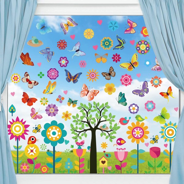 FullJoyHut 148 Pcs Spring Summer Window Stickers Clings Flower Butterfly Tree Window Door Stickers Decals Anti-Collision Stickers for Home Spring Summer Easter Decoration Baby Shower Party Supplies