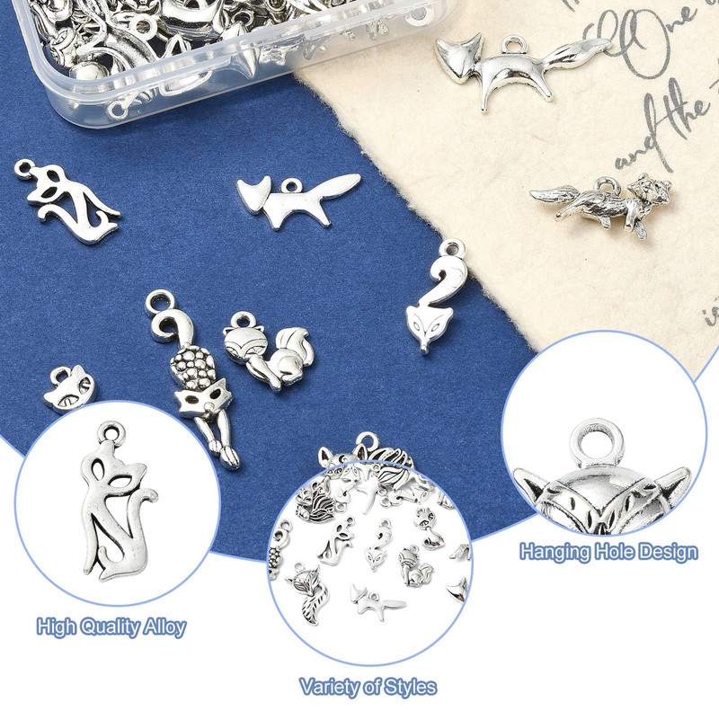 UR URLIFEHALL 100 Pcs 10 Styles Antique Silver Fox Charms