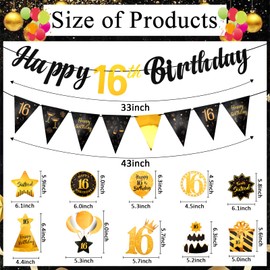 Vovii Sweet 16th Birthday Decorations for Girls Boys, Black and Gold Happy 16th Birthday Banner 1Pcs Triangle Banner 10Pcs Hanging Swirls for Sixteen Year Old Birthday Decorations Decor Party Supplies