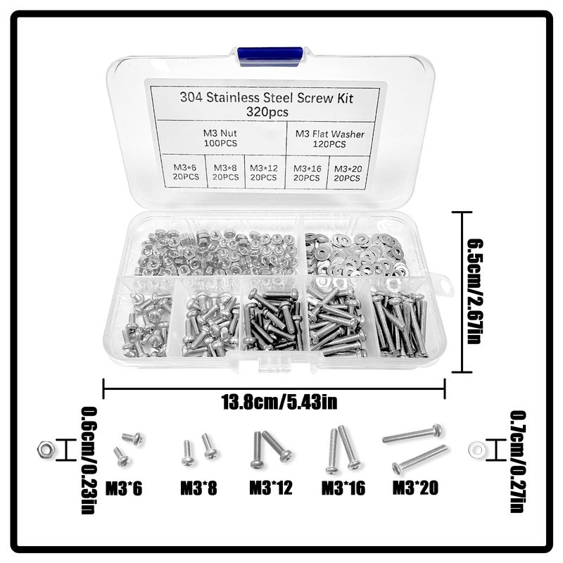 NILLOS M3 Screw Assortment Kit, 320 PCS Pan Head Machine