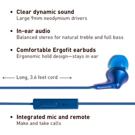 Panasonic ErgoFit Wired Earbuds with Microphone, 3.5mm Jack Headphones with Mic and Call Controller, Ergonomic Custom-Fit Earpieces (S/M/L), for Phones and Laptops - RP-TCM125-AA (Metallic Blue)