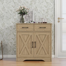 Panana Sideboard 2 Drawers 2 Doors Entryway Storage Cabinet Living Room Organizer Farmhouse Style Wooden Kitchen Cupboard (Nature)