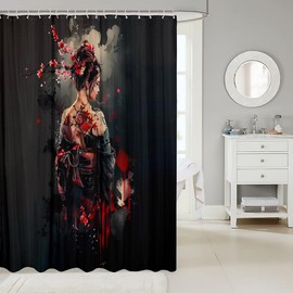 Jejeloiu - Cortina de ducha de geisha japonesa de 72 x 72 pulgadas, cortina de baño con flores de cerezo rojo para niños, niñas, adolescentes, japonés, Ukiyoe, juego de cortina de ducha impermeable,