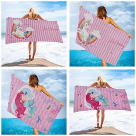 stampringt Extra Large Cute Pink Stripe Unicorn Mermaid Beach Towels Set of 2 Pack, Big Oversized Thick Microfiber Terry Cloth Two Person Sandproof Quick Dry 30 x 60 ﻿