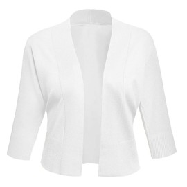 AAMILIFE Women's 3/4 Sleeve Cropped Cardigans Sweaters Jackets Open Front Short Shrugs for Dresses White XL