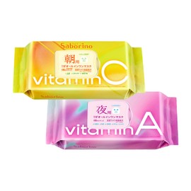 Saborino Face Mask Pack, Sheet Mask, Face Pack, All-in-One, Vitamin AC, Time-saving, Facial Cleansing, Skin Care, Moisturizing Base, Wiping Off Vitamin Citrus Scent, Vitberry Scent, Moisturizing Skin, Morning and Night, Set of 2 (Awake Sheet + Fatigue Ma