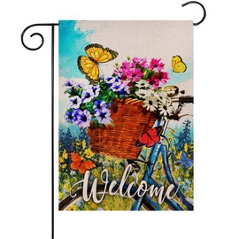 Spring Garden Flag Yard Flags for Outside Welcome Spring Garden Flags 12x18 Double Sided Rural Pastoral Floral Bicycle Burlap Garden Flag Decorative Flags for Outside