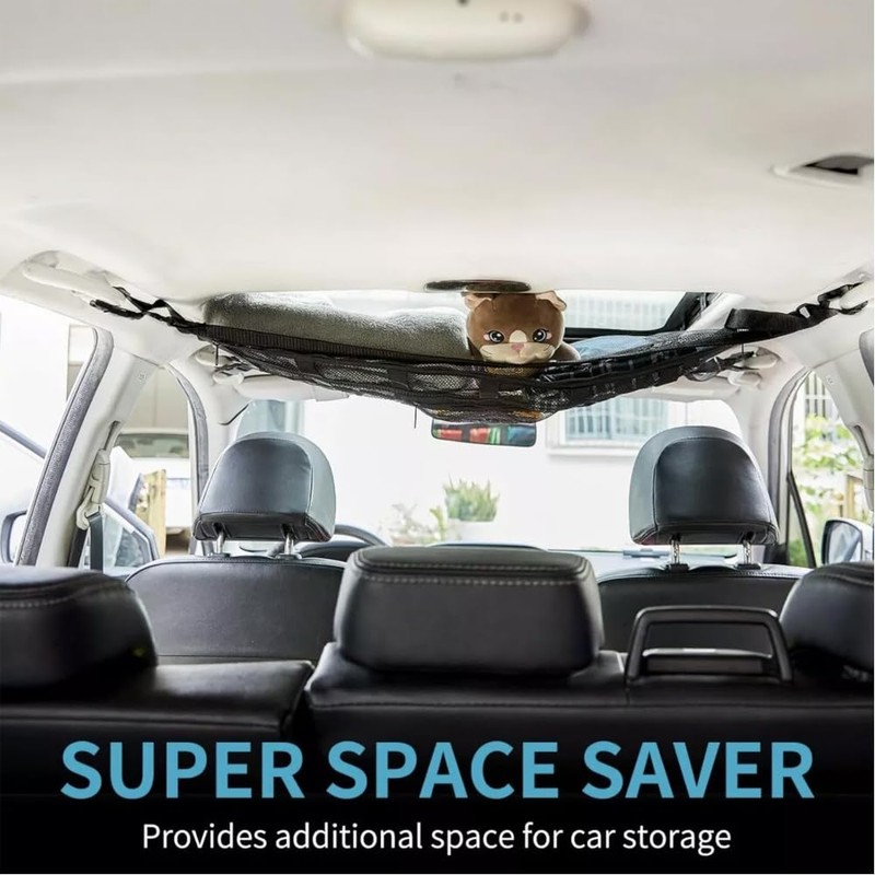 Car Ceiling Cargo Net Pocket, Interior Adjustable Double-Layer Mesh Storage