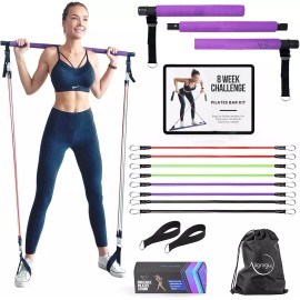 Alignrgy Portable Pilates Bar Kit with Resistance Bands 20 30 40 50 LB - Guided 8-Week...