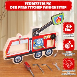 Fire Engine Wooden Toy with Screws and Tools - Montessori Learning Toy from 3 Years - Motor Skills Toy for Screwing - Gift for Boys and Girls