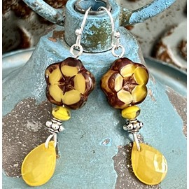 Silver and Silky Yellow Flower and Teardrop Dangle Earrings. Jewelry Earrings for Women #3298FE3835