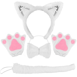 Vovii 6PCS White Cat Costume Set Ears Headband Gloves Bow Tie Tail Kitten Pet Party Dress Up Pretend Play Role Play Cosplay Children Animal