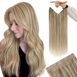 YoungSee Invisible Wire Human Hair Extensions Blonde Highlight Thick Wire Hair Extensions Real Human Hair Dark Ash Blonde Highlights Golden Blonde Hair Wire Extensions for Women 14In 80G