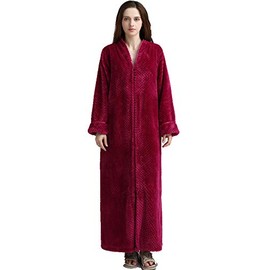 BIFINI Unisex Luxury Sherpa Bathrobe Full Length Zip Up Housecoat Sleepwear Burgundy L