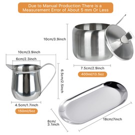 Sugar and Creamer Set, Coffee Serving Set, Stainless Steel Latte Milk Cup Cream Jug and Sugar Bowl with Lid and Spoon Tray Server for Coffee Tea Pepper Spices