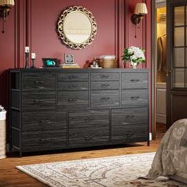 Romorgniz Dresser for Bedroom with Charging Station Long Dresser with 16 Fabric Drawers TV Stand for 60" TV Dressers & Chest of Drawers for Bedroom, Living Room, Closet, Black