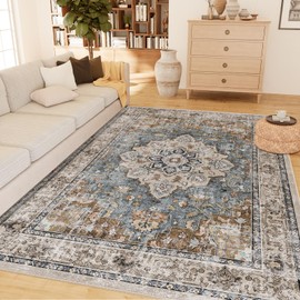 CAPALOCA Machine Washable 9x12 Area Rugs for Living Room Vintage Rugs Carpet Rugs Non Slip Low Pile Water Repellent Soft Print Pattern for Bedroom Indoor Decor Polyester Rug BrownBlue