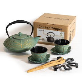 GUANGHEIRON Cast Iron Teapot Set with 2 Tea Cups, 7 Pcs Japanese Tea Kettle with Stainless Steel Infuser, Tea Pot Coated with Enameled Interior, Dragonfly Pattern, 28oz 800ml Green