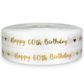 Gold Swirly Foil Print Happy Birthday Ribbon Satin 2m x 25mm for Cakes, Birthday Cakes Gift Wrap Wrapping Ribbon Cards Birthday Decorations Craft (Gold Swirly 60th Birthday)