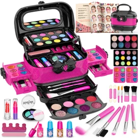 58Pcs Kids Makeup Kit for Girl - Real Washable Cosmetic Set with Light Up Mirror - Kids Makeup Sets for Girls -Play Make Up Birthday for Age 3 4 5 6 7 8 9 10 11 12 Years Old Kid -Pink