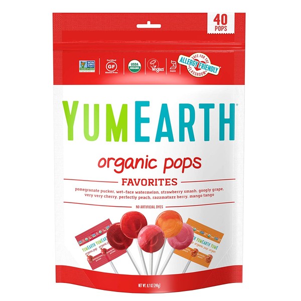 YumEarth Organic Lollipops, Assorted Flavors, 8.7 Ounce, 40 Lollipops (Pack of 1) - Allergy Friendly, Non GMO, Gluten Free, Vegan (Packaging May Vary)