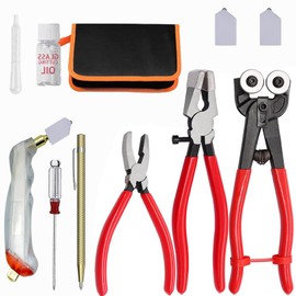 Puwany Glass Cutting Tool Set,Wheeled Tile Nippers Breaking Pliers Glass Running Pliers with Curved Jaws,Oil Feed Glass Cutters Tools Kits for Stained Glass, Tiles, Mosaic Mirror Bottles ﻿Cutting,Wrap