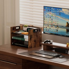 LMZAPET Paper Organizer for Desk - Wood Desk Organizer, 3 Tier Office Desk Organizer with Handle, Mesh File Organizer for Desk, Metal Desk Paper Organizer, File Cabinets for Home Office, School