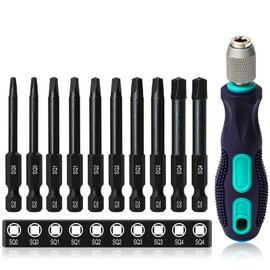 10 Stück Vierkant Schraubendreher Bits 60mm, CYLBAQ Hex Schaft Vierkant Kopf Schraubendreher Bits, SQ0,SQ1,SQ2,SQ3,SQ4 Magnetisch S2 Stahl 1/4 Zoll Sechskantschaft mit Handgriff