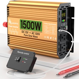 1500 Watt Inverter 12V DC to 110V/120V AC, Pure Sine Wave Inverter for Truck/RV/Home/Solar/Off-Grid, Surge 3000W Pure Sine Power with 2 AC Sockets, 5V 3.4A USB, Digital Display, Remote Controller
