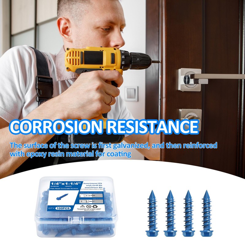 100PCS Concrete Screws Assortment Kit, 1/4" x1-1/4 Masonry Screws with