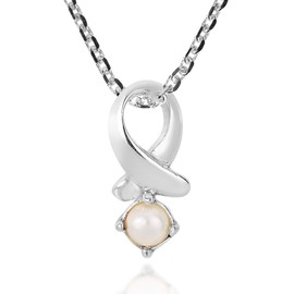 AeraVida Elegant Dainty Enchanted Awareness Ribbon Iridescene Cultured Freshwater White Pearl .925 Sterling Silver Pendant Necklace