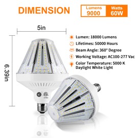 600W Equivalent Led Corn light bulbs,60W 9000 Lumens LED Corn Bulb 5000K Daylight White Lamp,E26 Medium/E39 Mogul Base,2-Pack Large Area Lights For Outdoor Indoor Garage Warehouse High Bay Lighting
