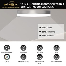 2 Pack 13 Inch Round LED Flush Mount Ceiling Light Fixture with Night Light and Timer, Remote, 30W 3000lm, CCT, IP4X, 100LM/W 120V, Dimmable LED Ceiling Lights for Bedroom Dining Room Hallway, Silver