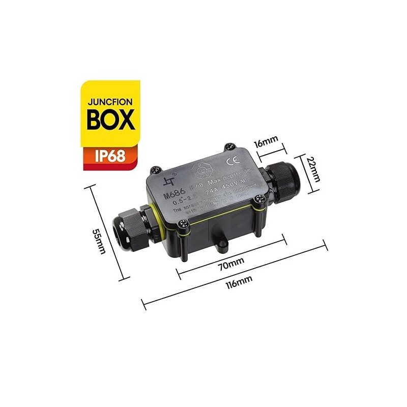 IP68 2/3 Way Waterproof Outdoor 3 Cable PG9 Black Plastic