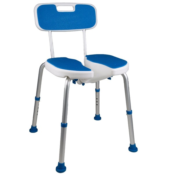 PCP Shower Safety Seat, Cutout for Easy Cleaning, Non-Slip Bath Support Recovery Chair with Backrest, White/Blue, Foam Padded