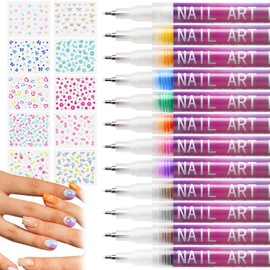 miikoul 12 Colors Nail Art Pens Set 0.7mm Art Graffiti Pen with 10PCS Nail Art Stickers 3D Nail Polish Paint Pens Quick Drying Waterproof Drawing Marker Pen for Nail Art Drawing and Salon DIY