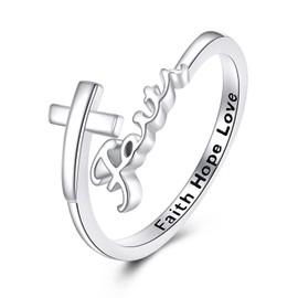 VONALA 925 Sterling Silver Ring Cross/Claddagh/Lotus/Shamrock/Sun and Moon/Feather Jewelry for Women (Faith Cross, 8)